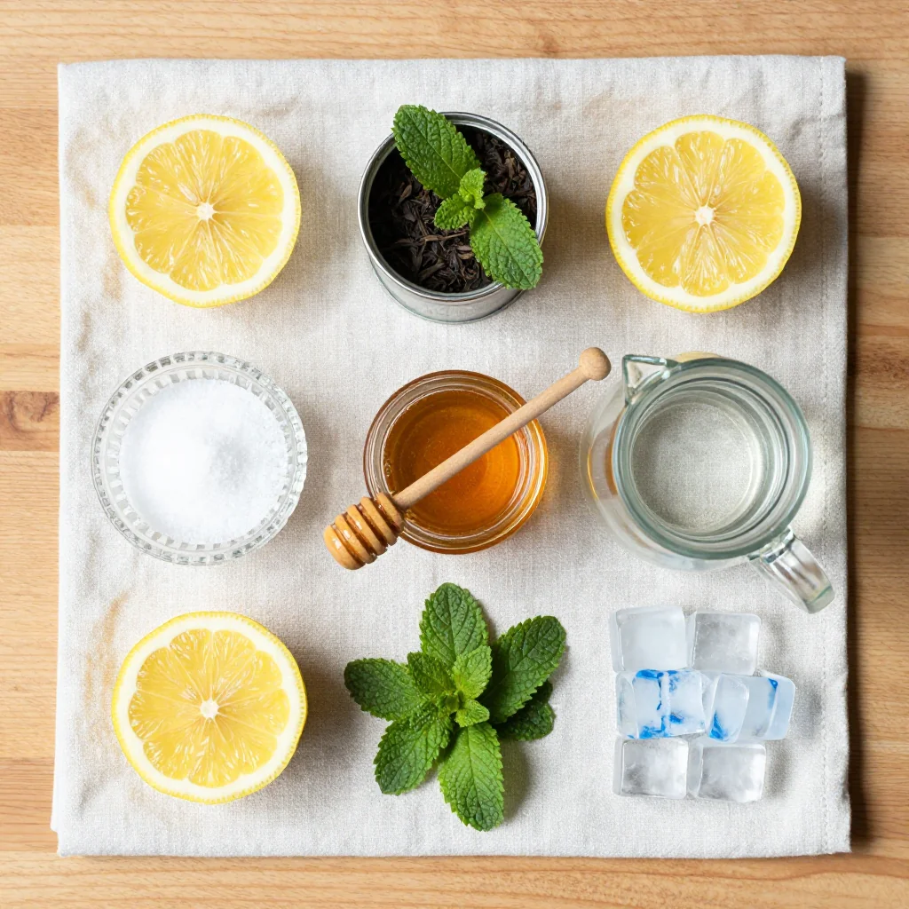 All ingredients neatly arranged for Arnold Palmer Tea Lemonade Drink