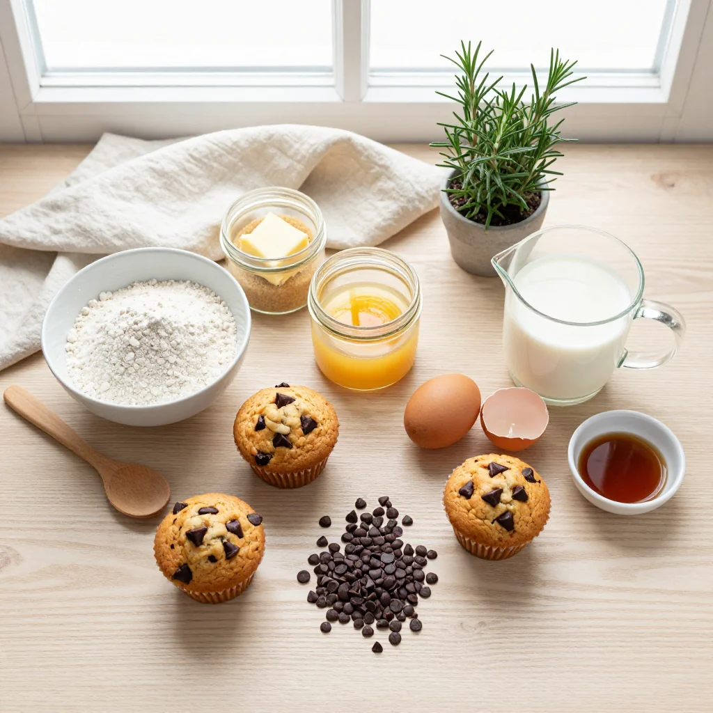 All ingredients laid out for Muffins with Chocolate Chips