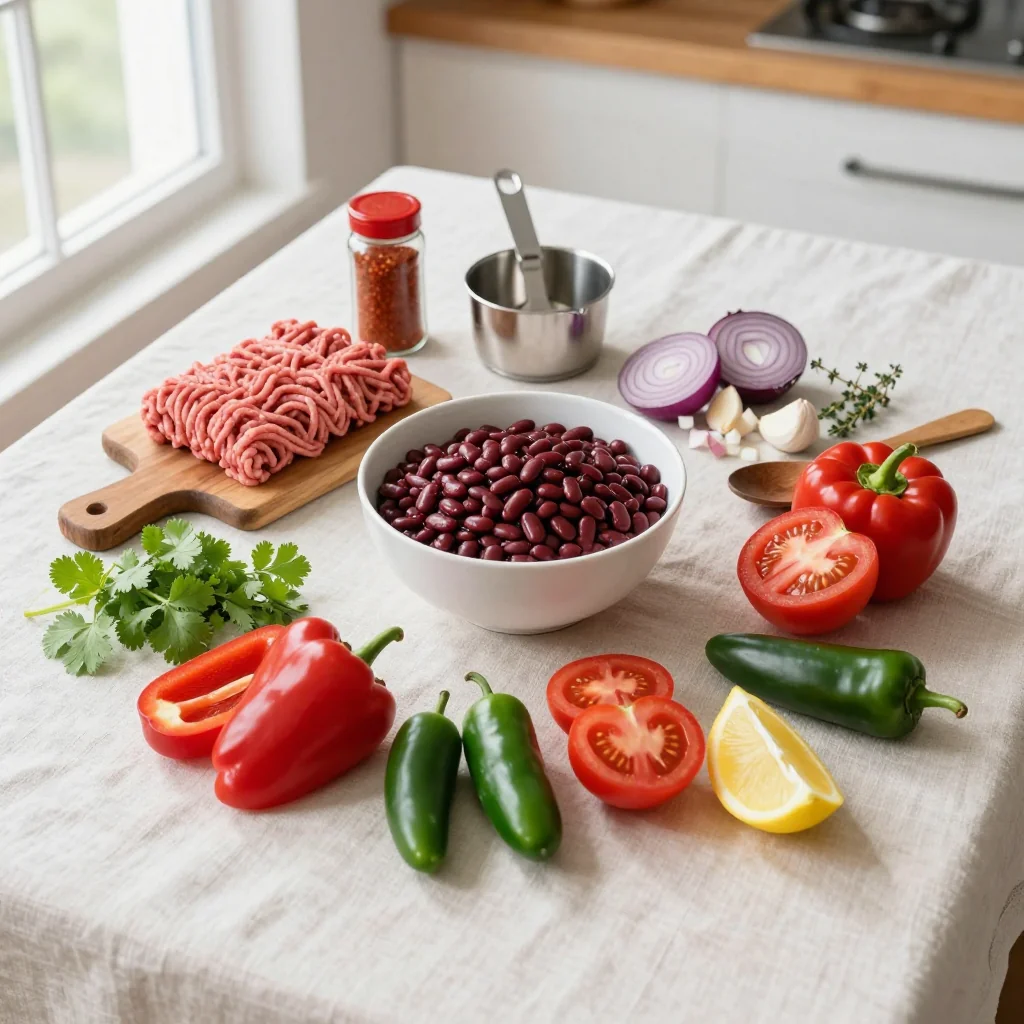All ingredients laid out for Beef Chili with Kidney Beans