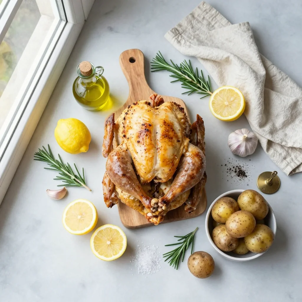 All ingredients for Lemon Garlic Roast Chicken with Baby Potatoes