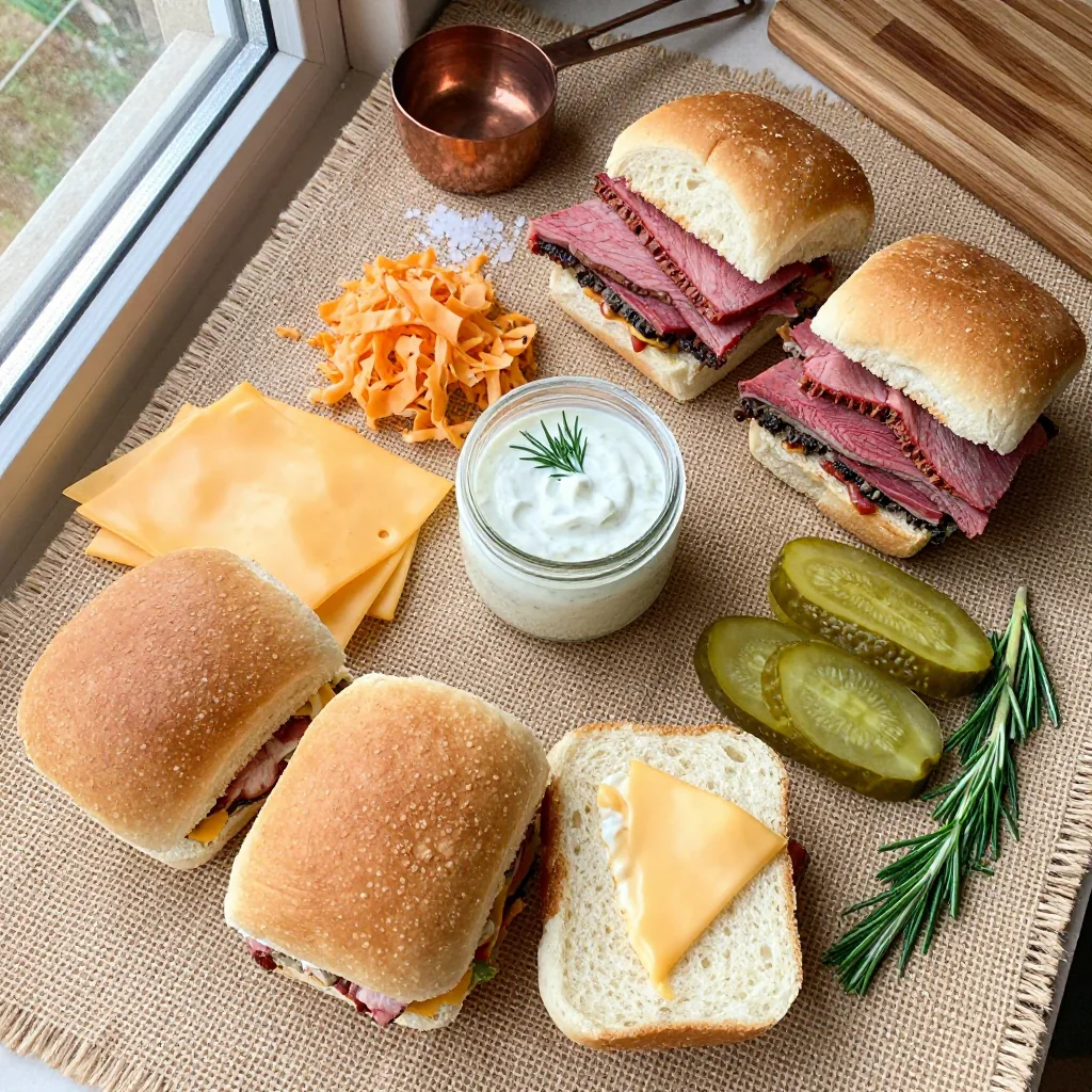 All ingredients for Reuben Sliders on Hawaiian Rolls with Dressing