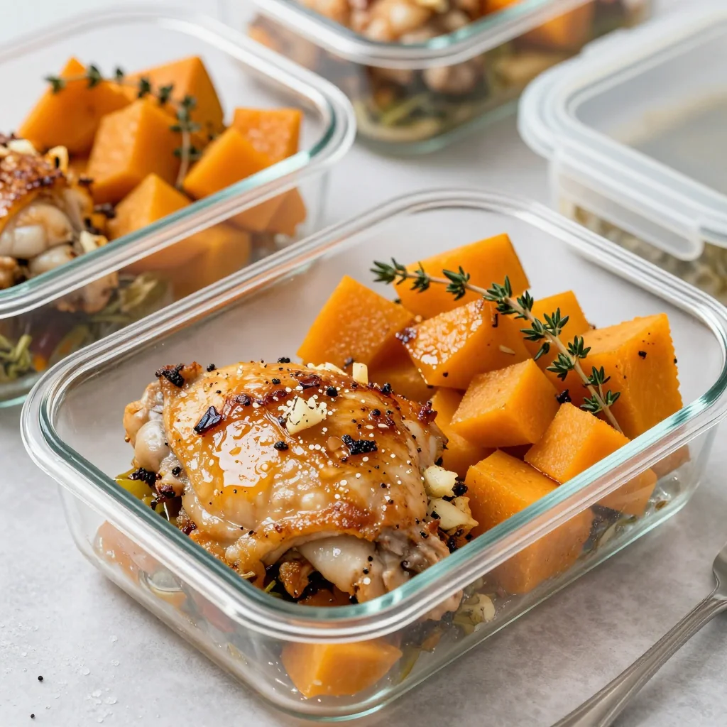 healthy garlic and thyme chicken with winter squash for meal prep