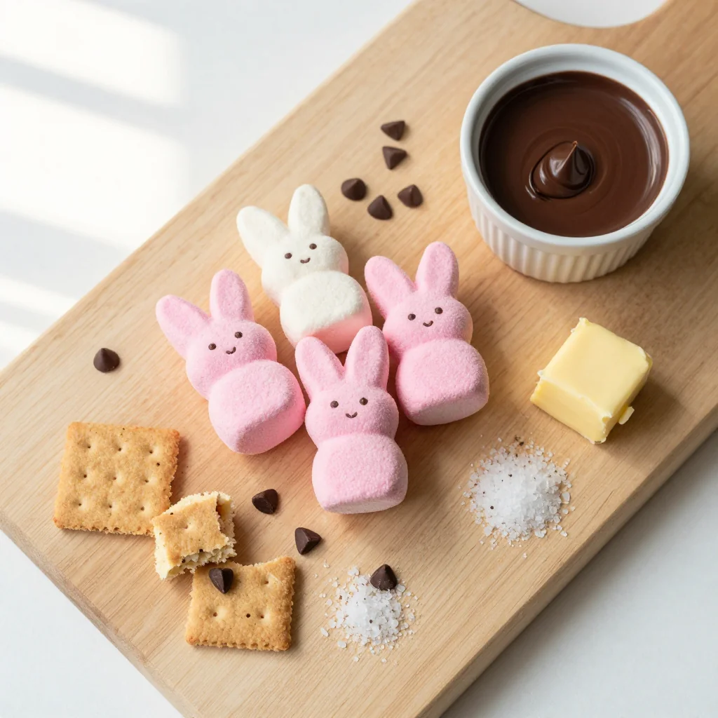 All ingredients for Peeps S'mores Skillet Dip arranged on a wooden board