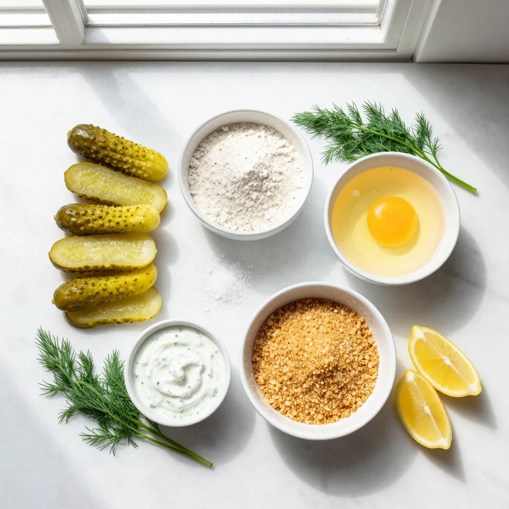 All ingredients for Crispy Fried Pickles with Ranch Dipping Sauce