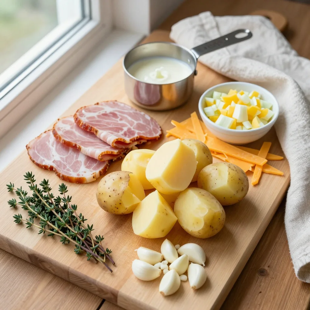 All ingredients for Potato Soup with Ham and Cheddar