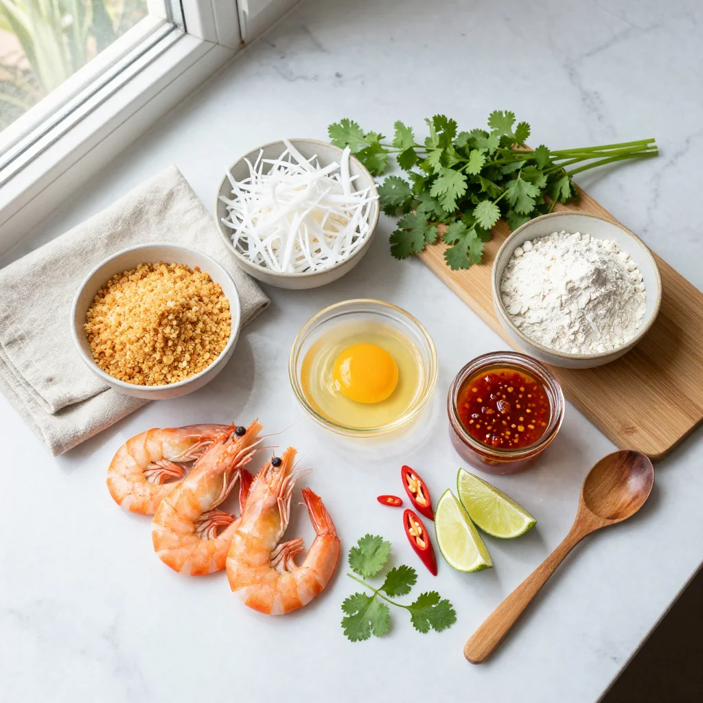 All ingredients for Crispy Coconut Shrimp with Sweet Chili Sauce