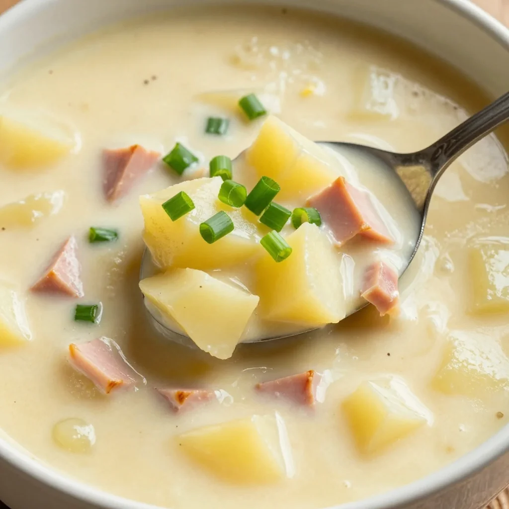 Creamy Potato Soup with Ham and Green Onions for Lunch