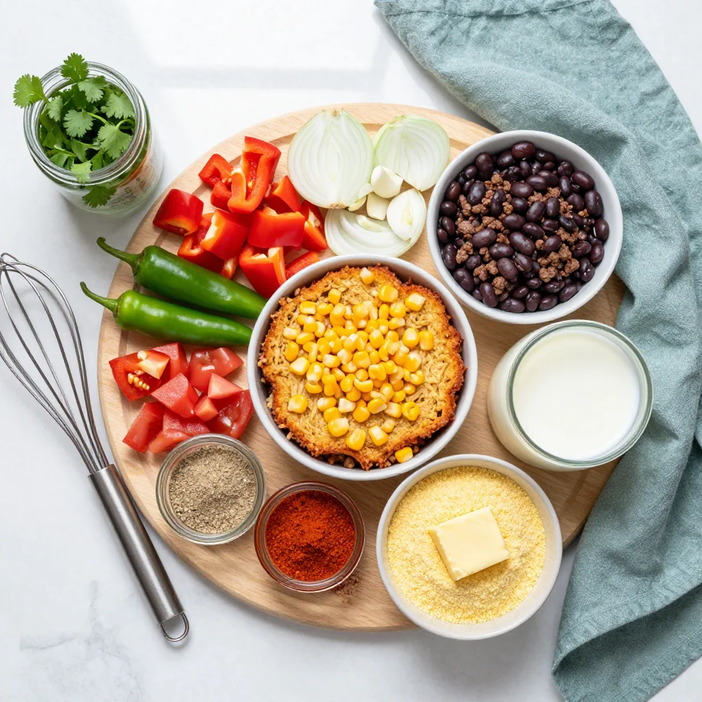All ingredients for Chili with Cornbread Topping Casserole
