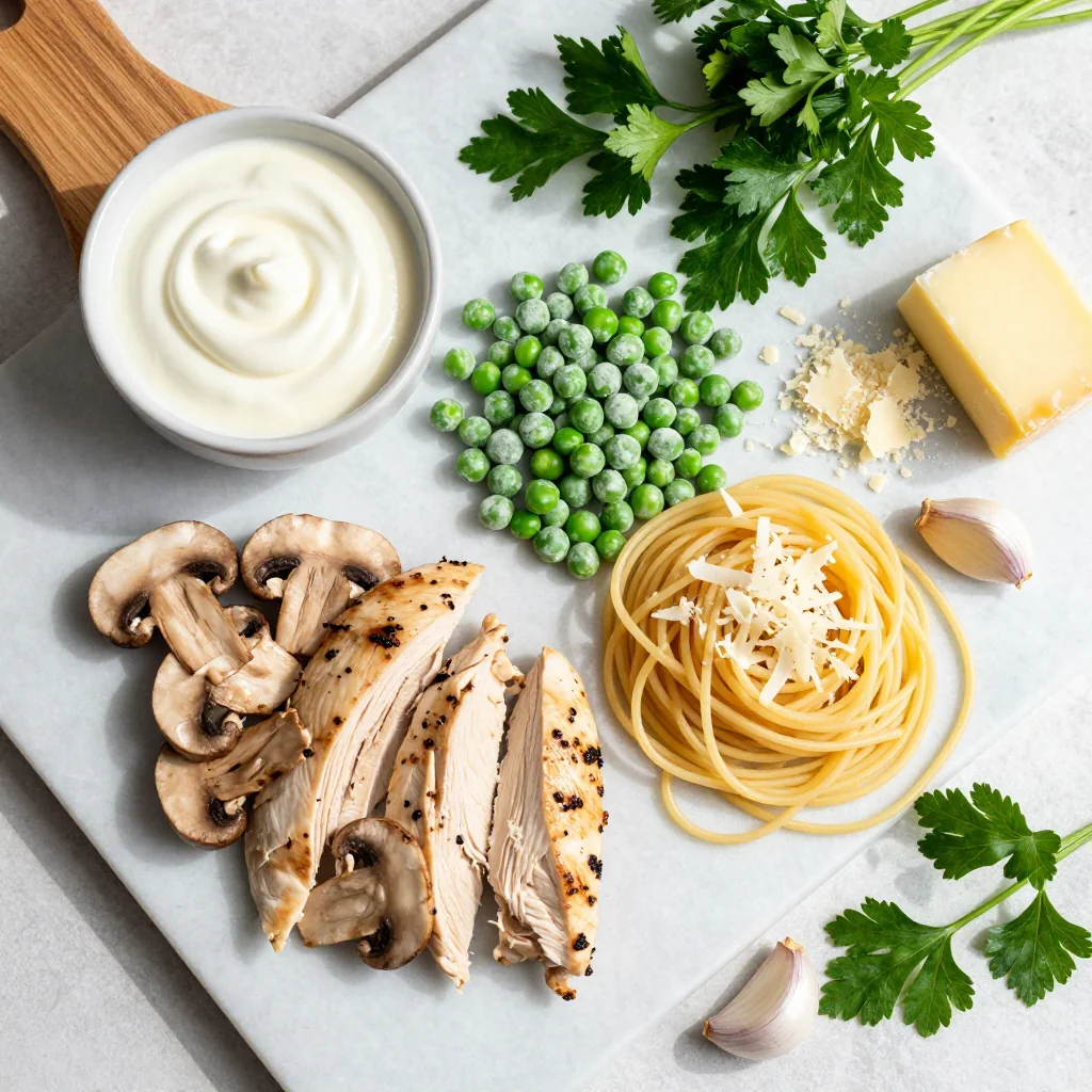 All ingredients laid out for Chicken Tetrazzini Casserole with Mushrooms and Peas