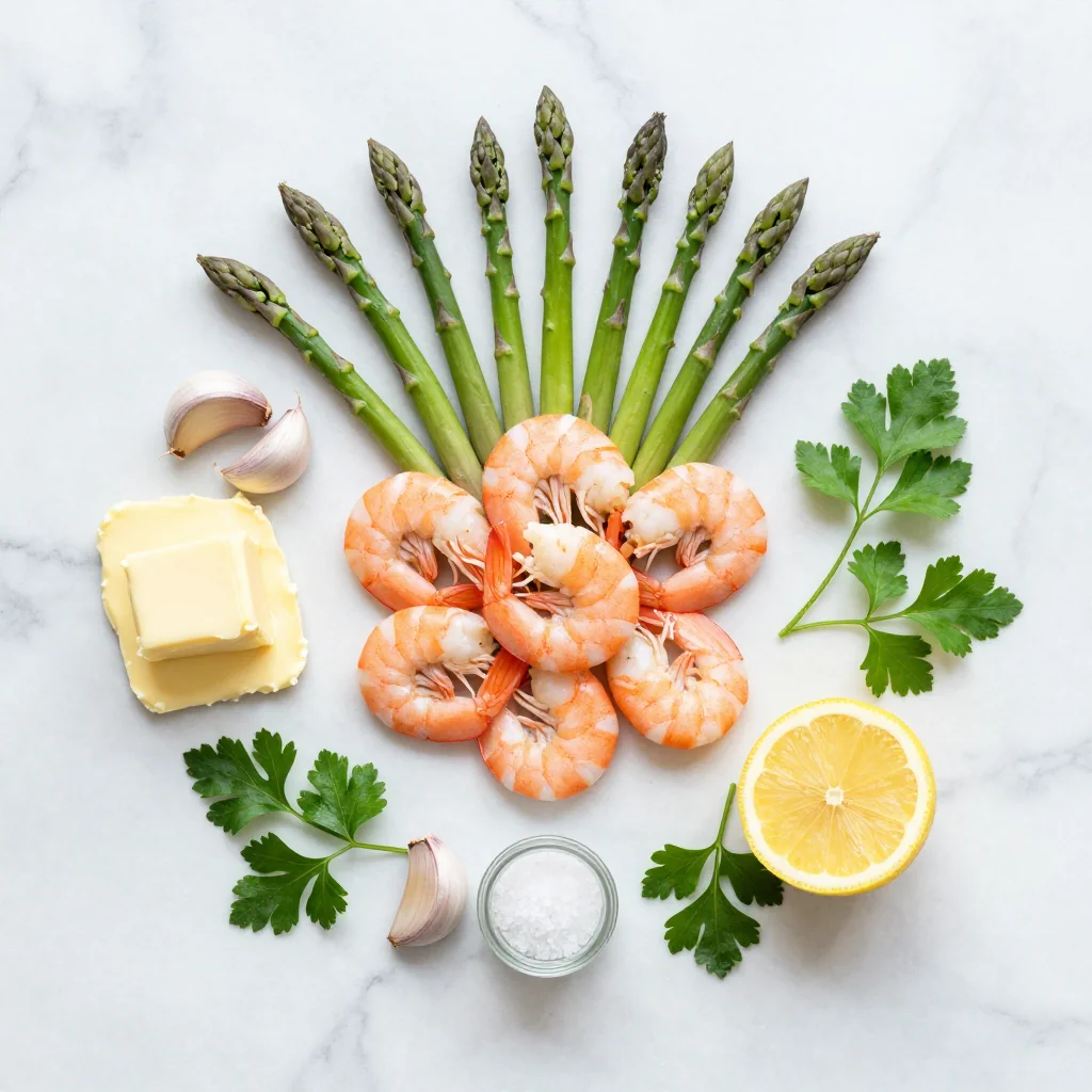 All ingredients laid out for Sheet Pan Shrimp and Asparagus with Garlic Butter