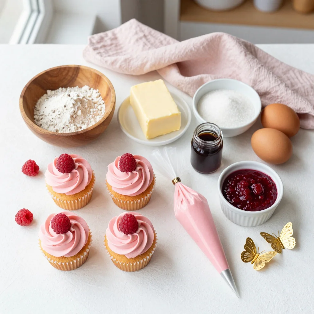 All ingredients for Butterfly Cupcakes with Raspberry Buttercream