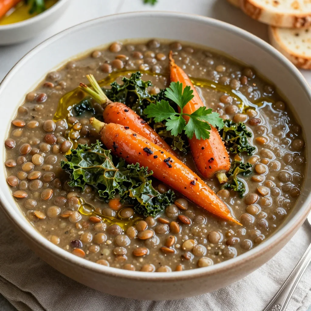 warm lentil and kale soup with roasted carrots for family meal prep