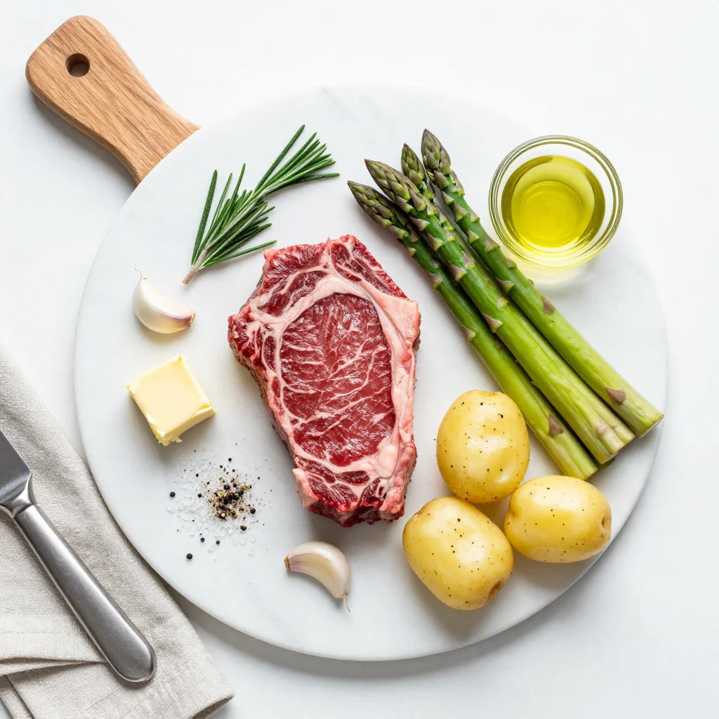 All ingredients for Steak with Asparagus and Potatoes Garlic Butter
