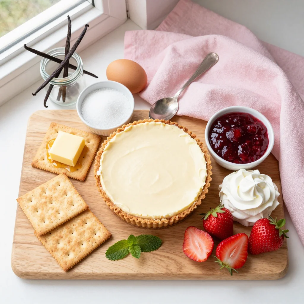 All ingredients for Strawberry Cheesecake with Graham Cracker Crust
