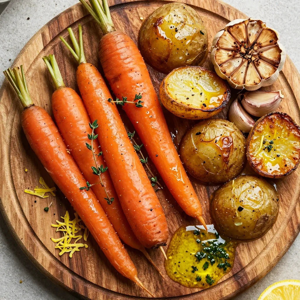 nutritious lemon and garlic roasted carrots and potatoes for family dinners