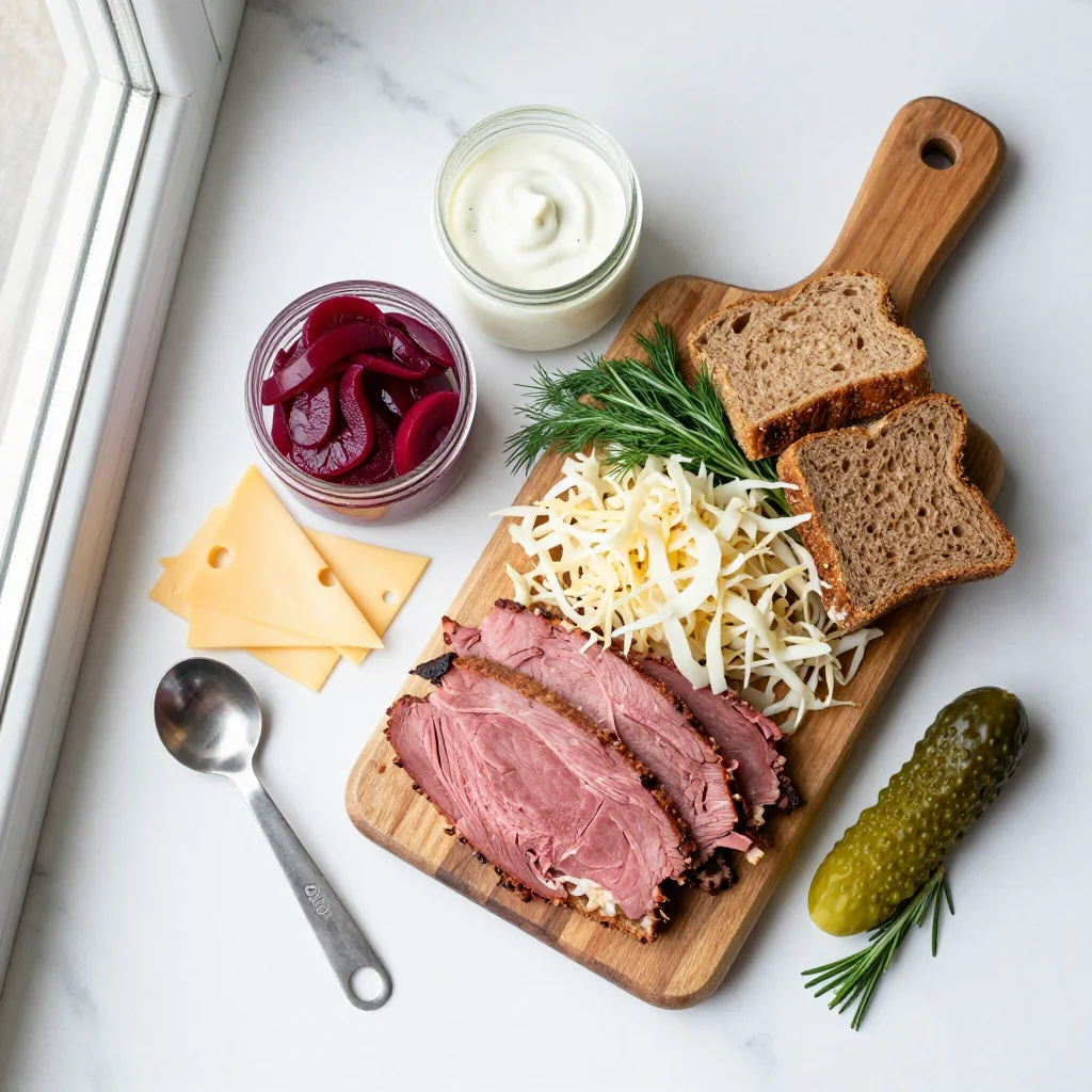 All ingredients for Reuben Casserole with Rye Croutons