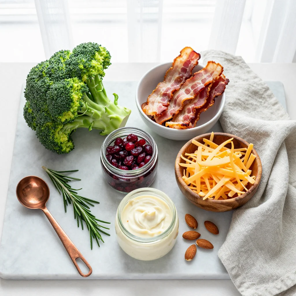 All ingredients for Broccoli Salad with Bacon and Cranberries