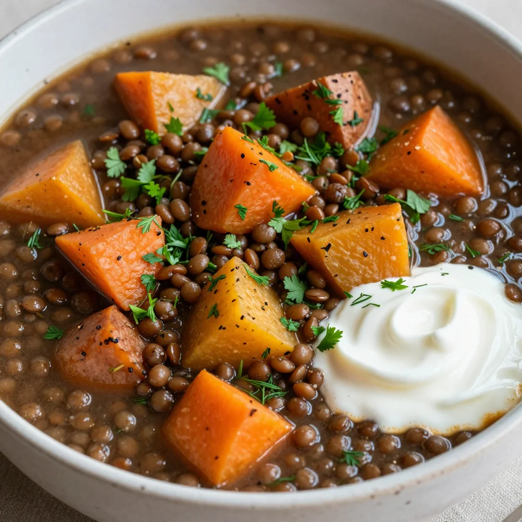 batch cook lentil and root vegetable stew with fresh herbs for healthy dinners