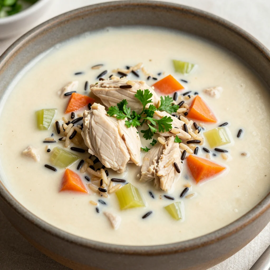 One Pot Creamy Chicken and Wild Rice Soup with Carrots and Celery for a Cozy Lunch