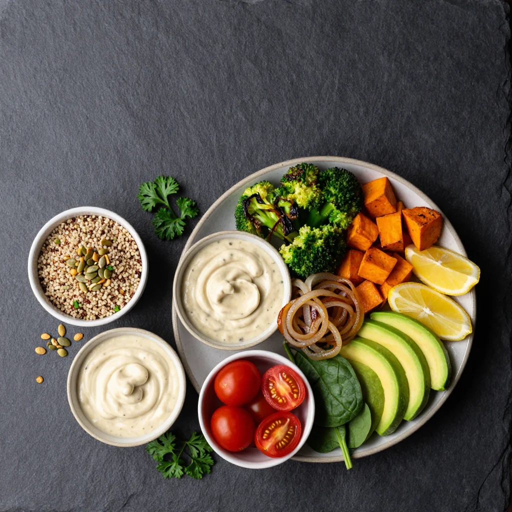Quinoa, rainbow vegetables, coconut milk, tahini, herbs