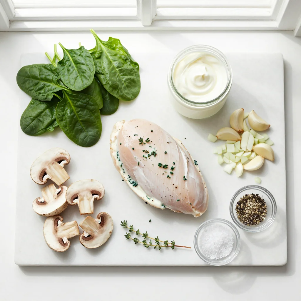 All ingredients for Creamy Mushroom and Spinach Stuffed Chicken Breast