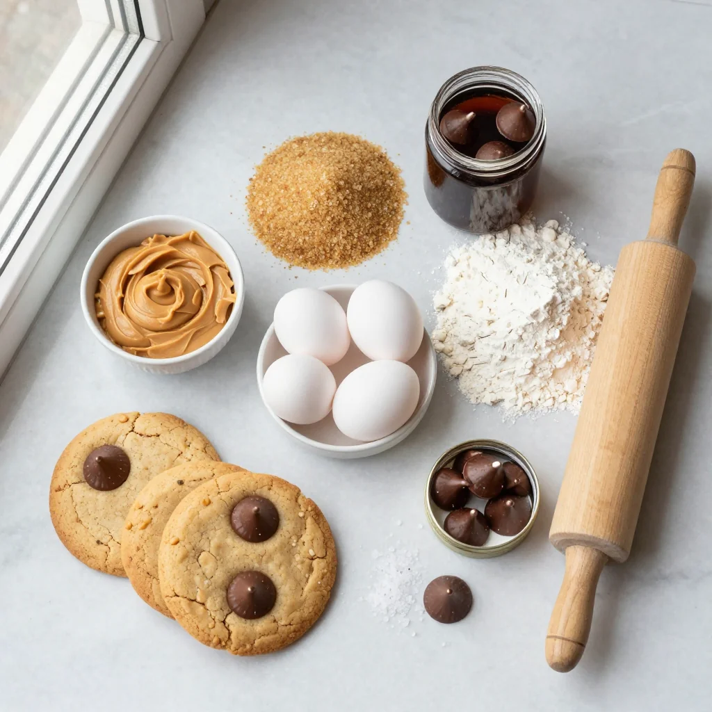 All ingredients for Peanut Butter Blossom Cookies with Hershey Kisses