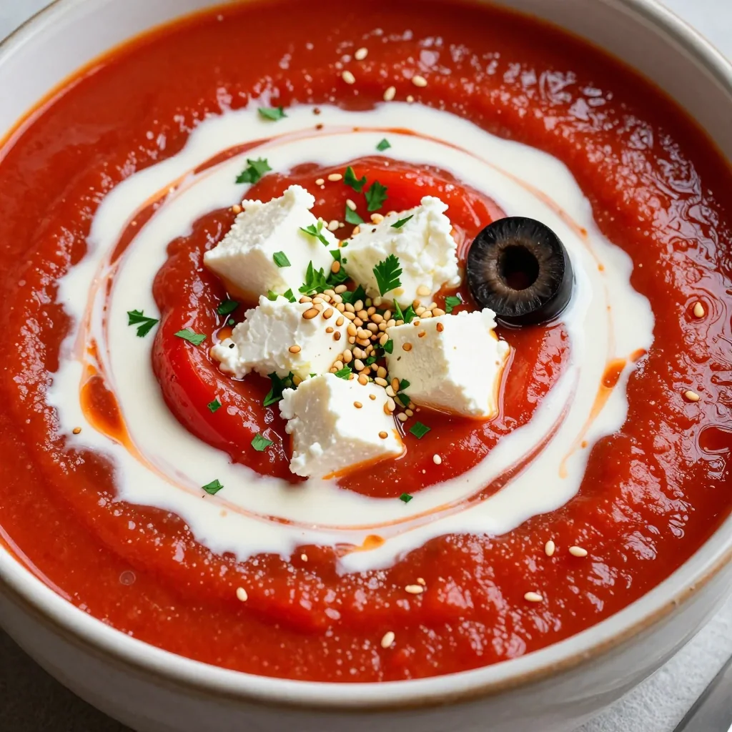 Creamy Roasted Red Pepper Soup with Feta Crumbles