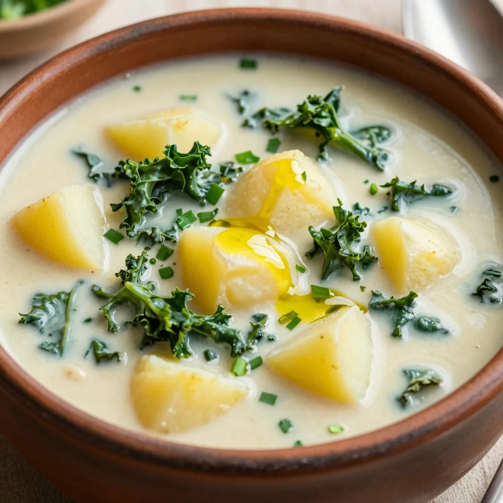 budgetfriendly creamy potato and kale soup with garlic and herbs