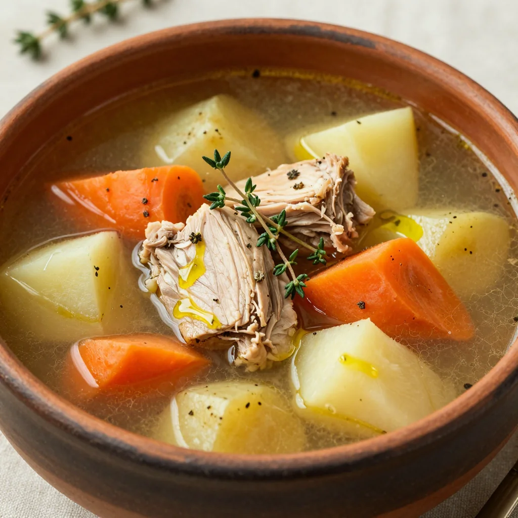 batch cooked turkey and root vegetable soup with garlic and thyme