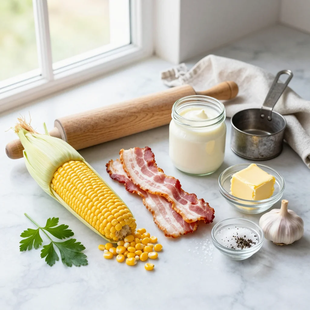 All ingredients for Creamed Corn with Bacon Homemade neatly arranged on a wooden board