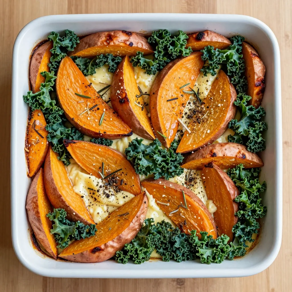 warm sweet potato and kale casserole with garlic herb crust