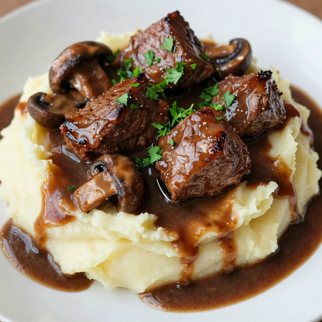 Slow Cooker Beef Tips Over Creamy Mashed Potatoes