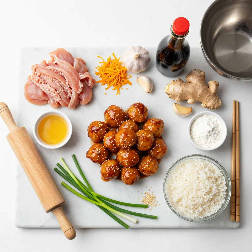 All ingredients for Orange Chicken Meatballs with White Rice