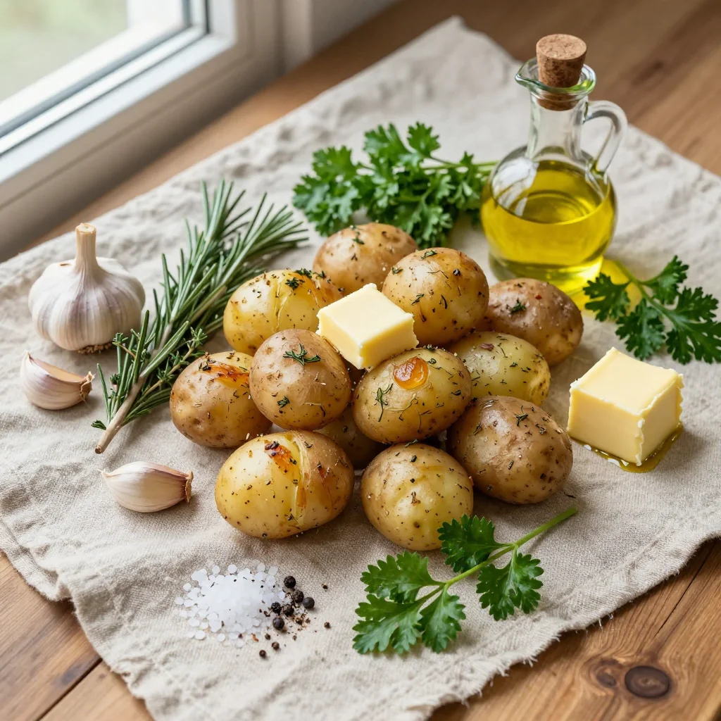 All ingredients for Garlic Roasted Potatoes with Herbs and Butter displayed on a wooden board