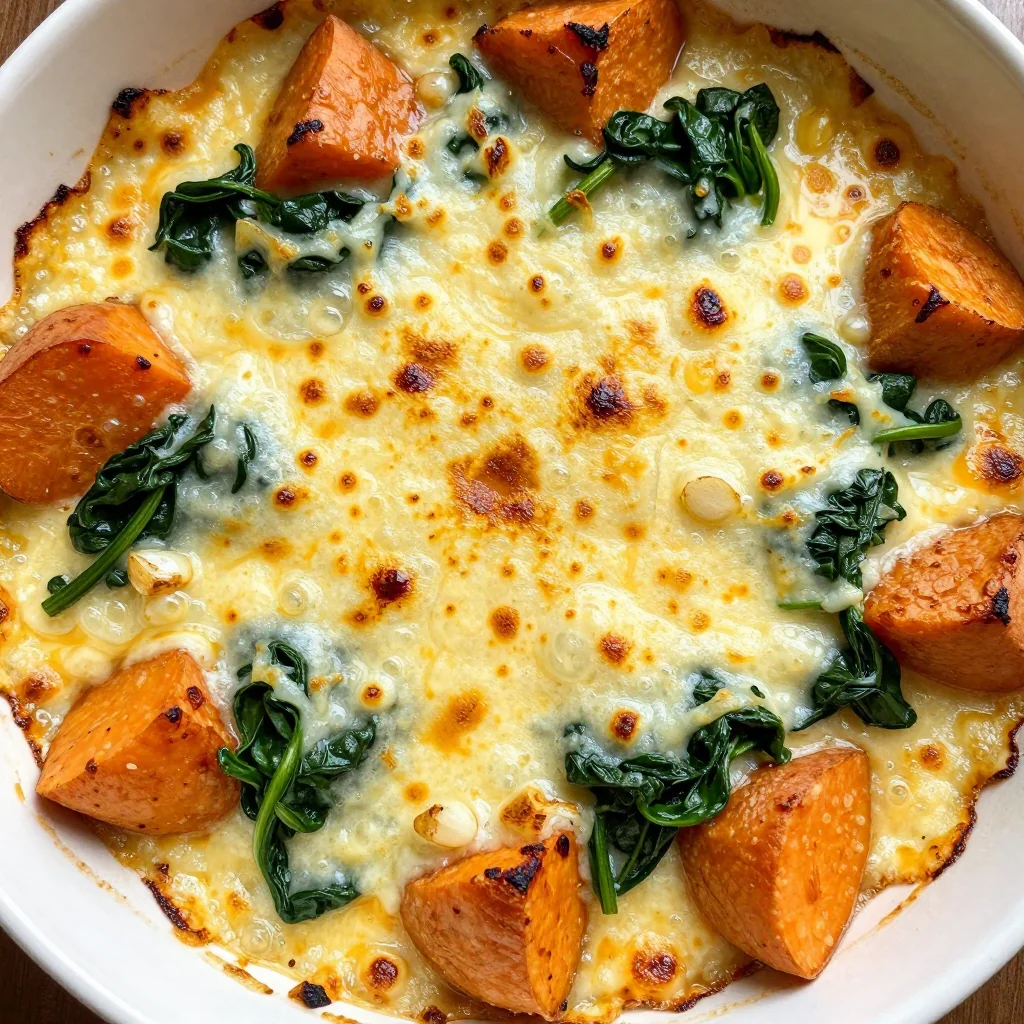 cozy baked sweet potato and spinach casserole with garlic and cheese