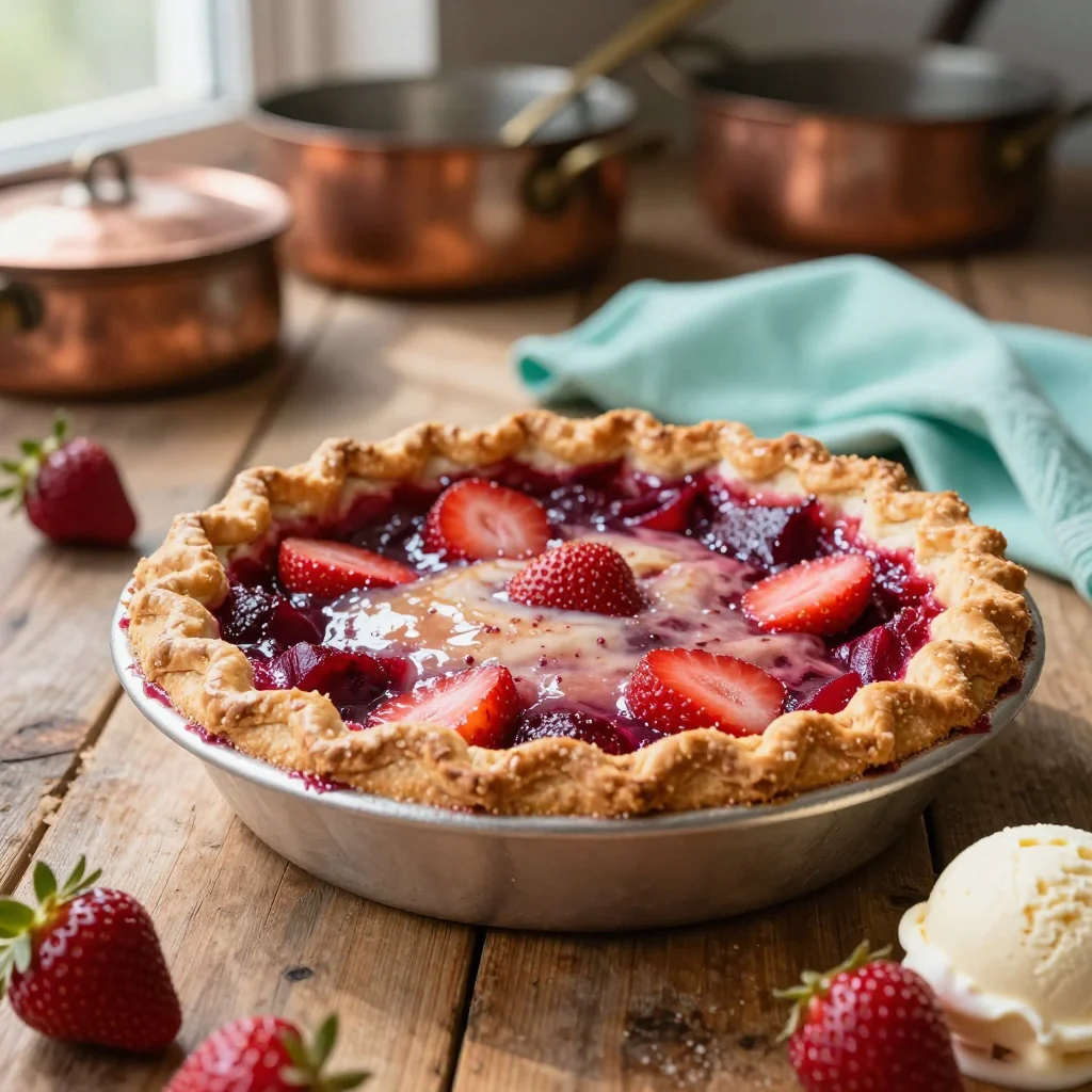 Strawberry Rhubarb Pie with Vanilla Ice Cream
