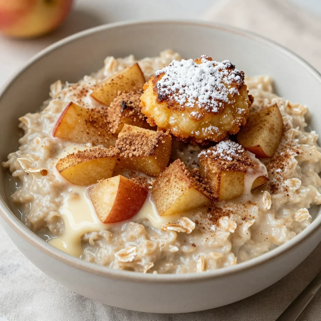 Warm Cinnamon Sugar Apple Fritter Oatmeal for Cozy January Dessert Breakfasts
