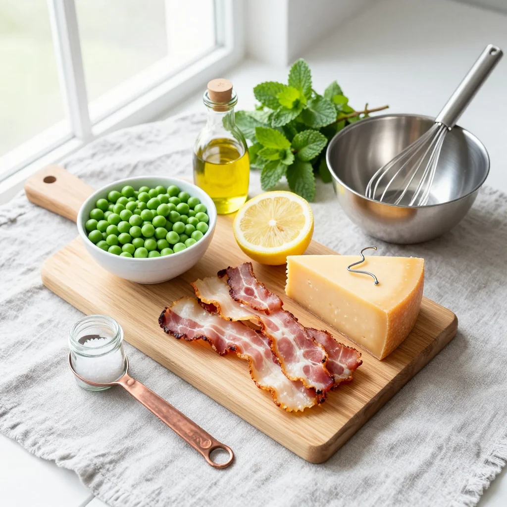 All ingredients for Spring Pea Salad with Bacon and Cheddar Cheese