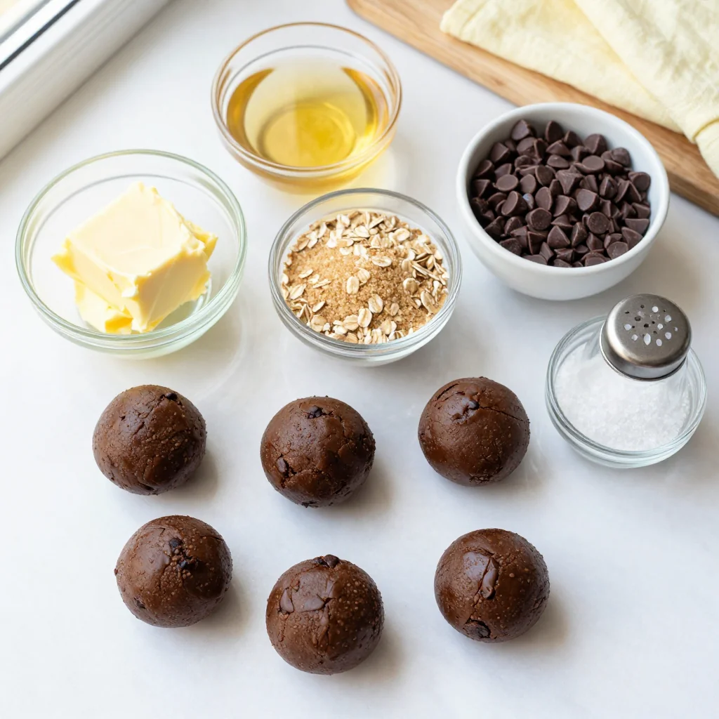All ingredients for Chocolate Chip Cookie Dough Balls laid out on a wooden board