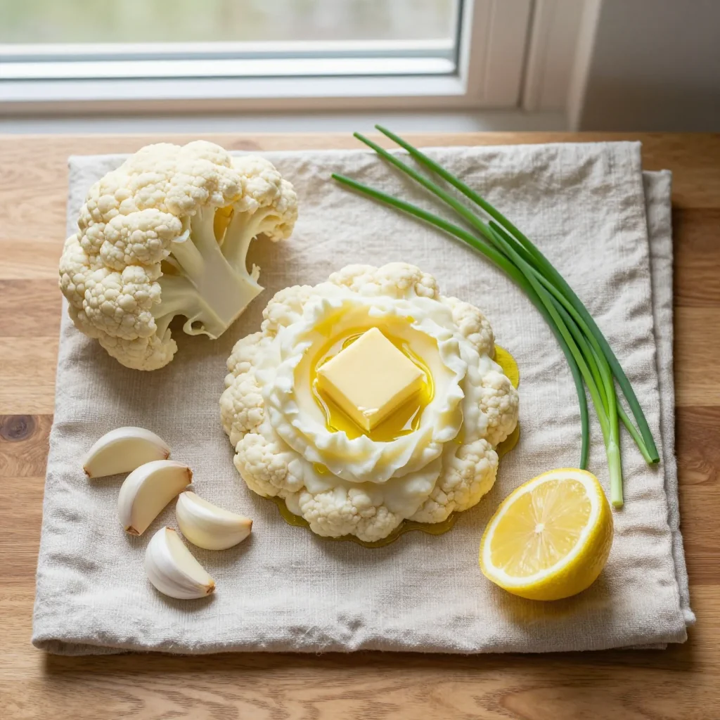 All ingredients laid out for Garlic Mashed Cauliflower with Butter