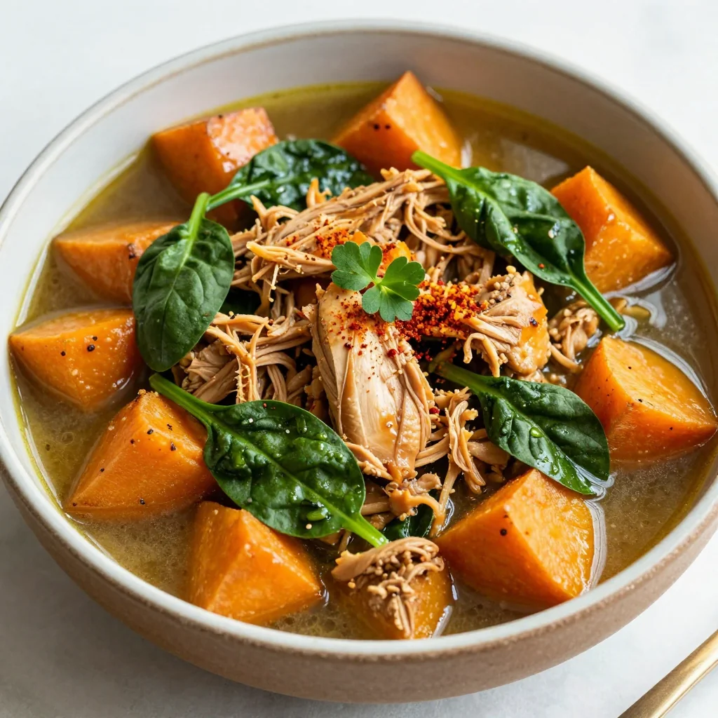 healthy batchcooked chicken stew with spinach and sweet potatoes for meal prep