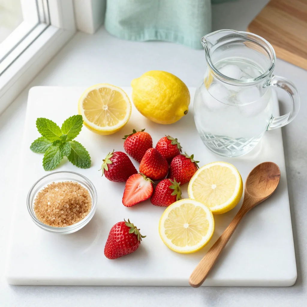 All ingredients for Strawberry Lemonade Homemade Fresh laid out on a wooden board