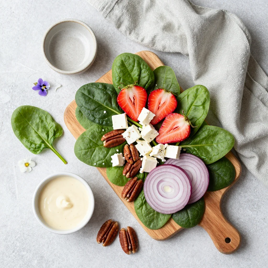 All ingredients for Strawberry Spinach Salad with Feta and Pecans