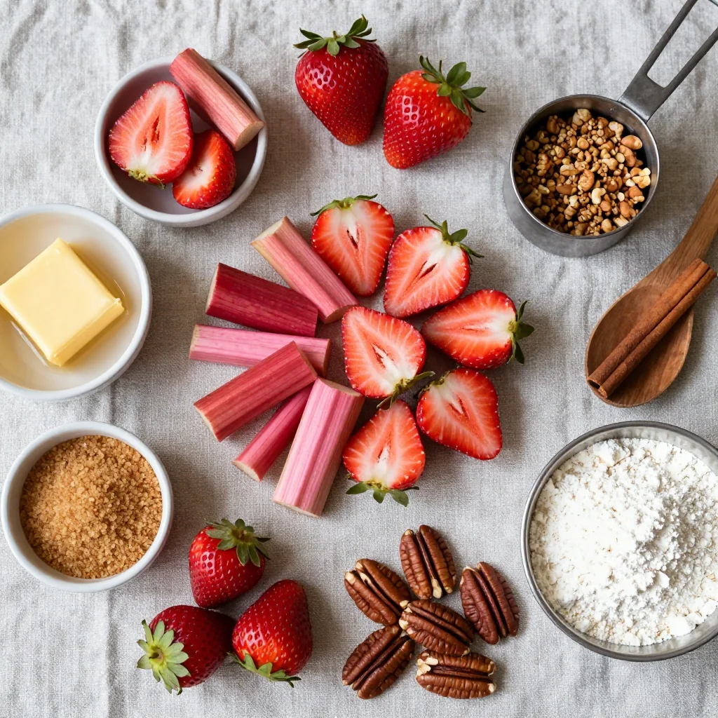 All ingredients for Strawberry Rhubarb Crisp with Pecans arranged on a wooden board