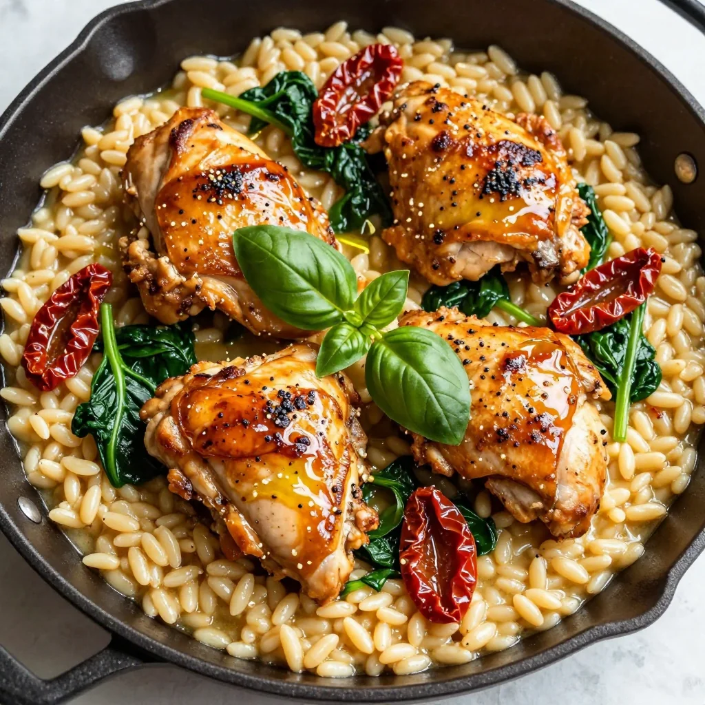 One Skillet Creamy Chicken and Orzo with Sun Dried Tomatoes