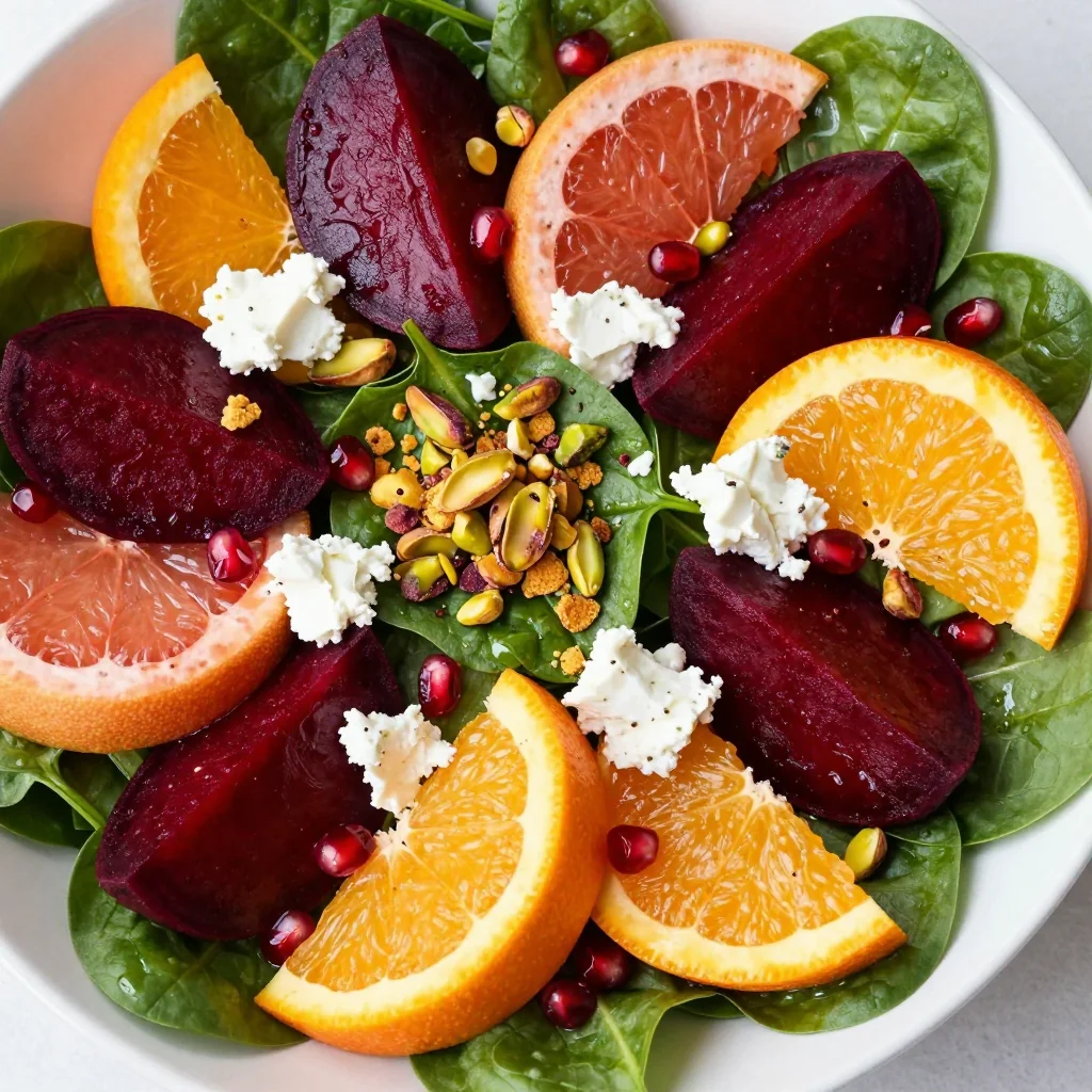 healthy winter citrus and beet salad with baby spinach