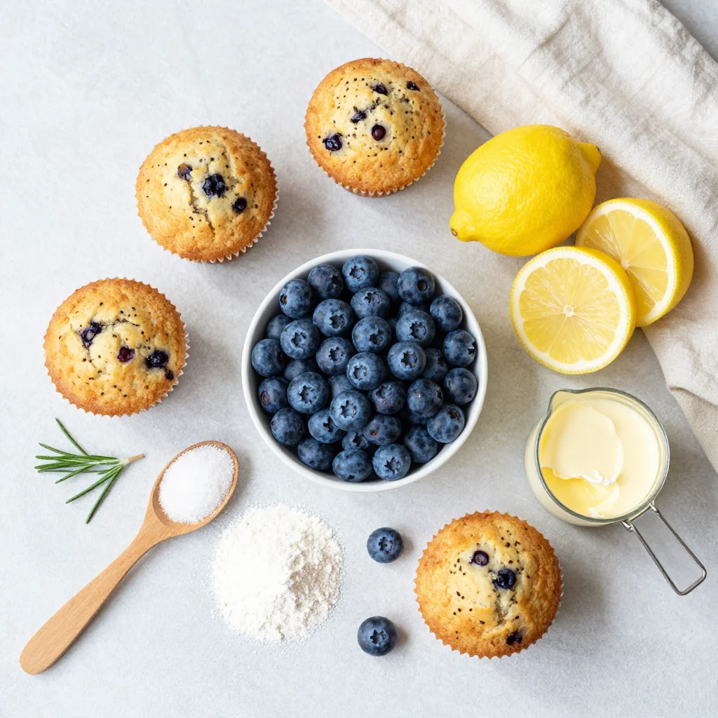 All ingredients for Lemon Blueberry Muffins with Turbinado Sugar neatly arranged on a wooden board