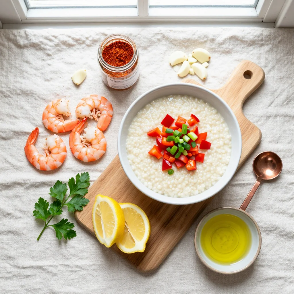 All ingredients for Shrimp and Grits with Cajun Sauce neatly arranged