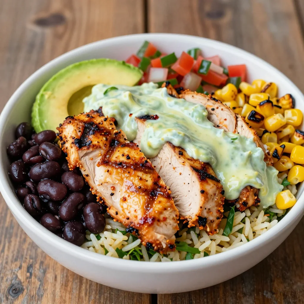 Spicy Chicken and Rice Burrito Bowl with Black Beans Corn