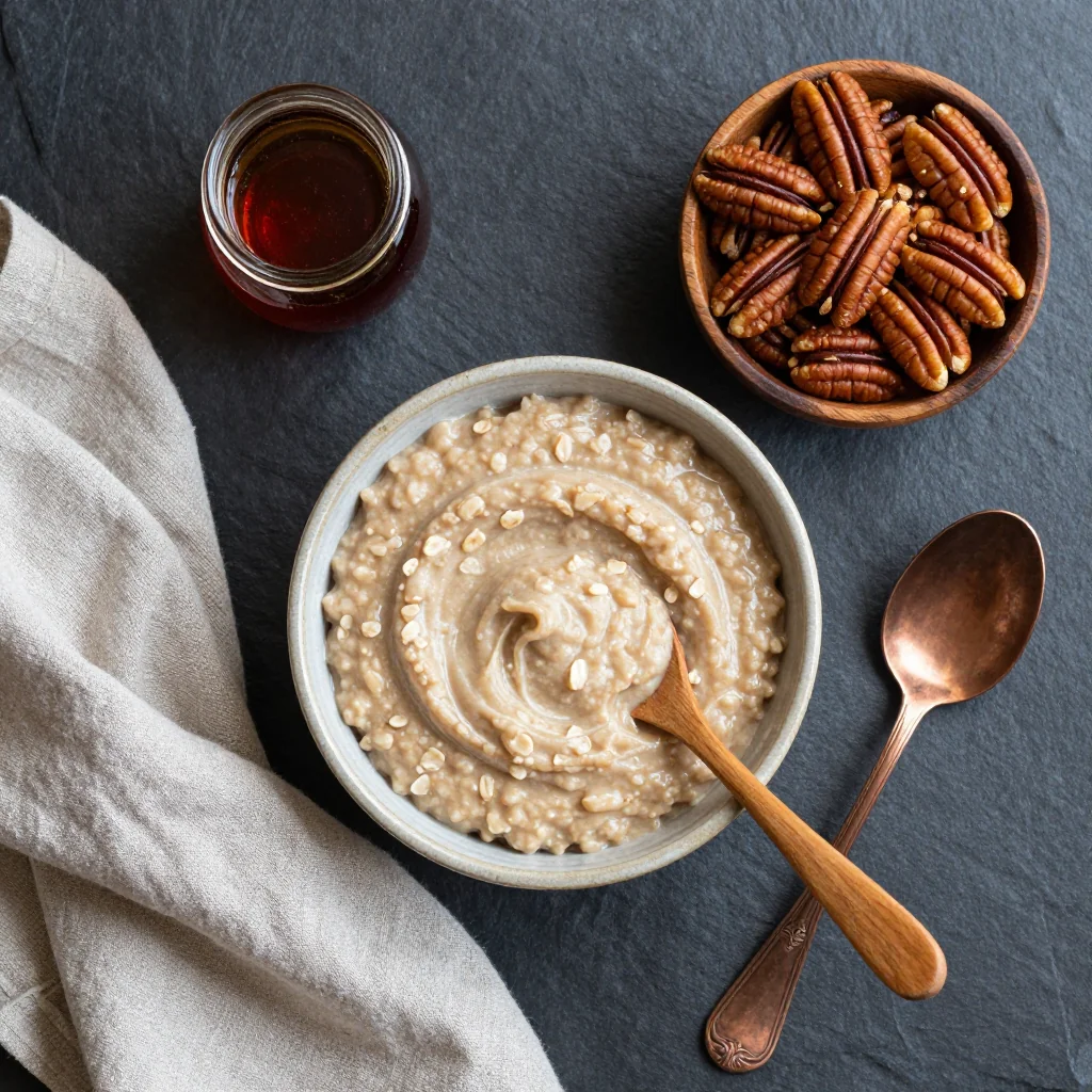 Steel-cut oats, pecan halves, maple syrup, cinnamon stick, and milk arranged on a linen towel